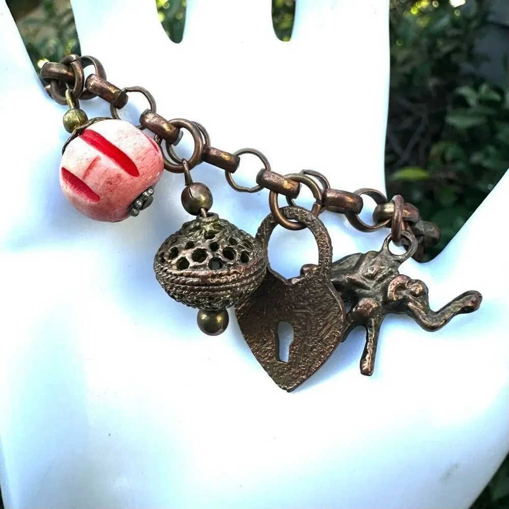 Brass  copper Charm Bracelet Pink Beads Turtle Heart Elephant Locket Horseshoe